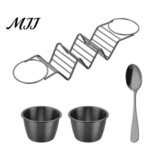 Burrito Serving Rack Taco Holder Stand with Dip Bowls, 201 Stainless Steel Wave Set, Tableware for Family Gatherings 2 Sauce Dishes And