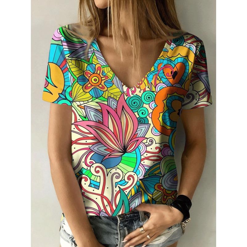 Women's Summer Casual V-neck Short-sleeved T-shirt, with Fashionable 3D Print, Suitable for Outings or At Home