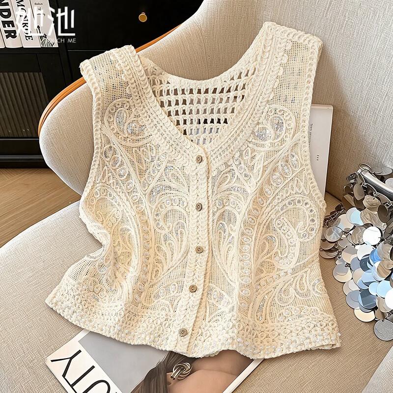 Women s French Crochet Knit V-Neck Vest One Size