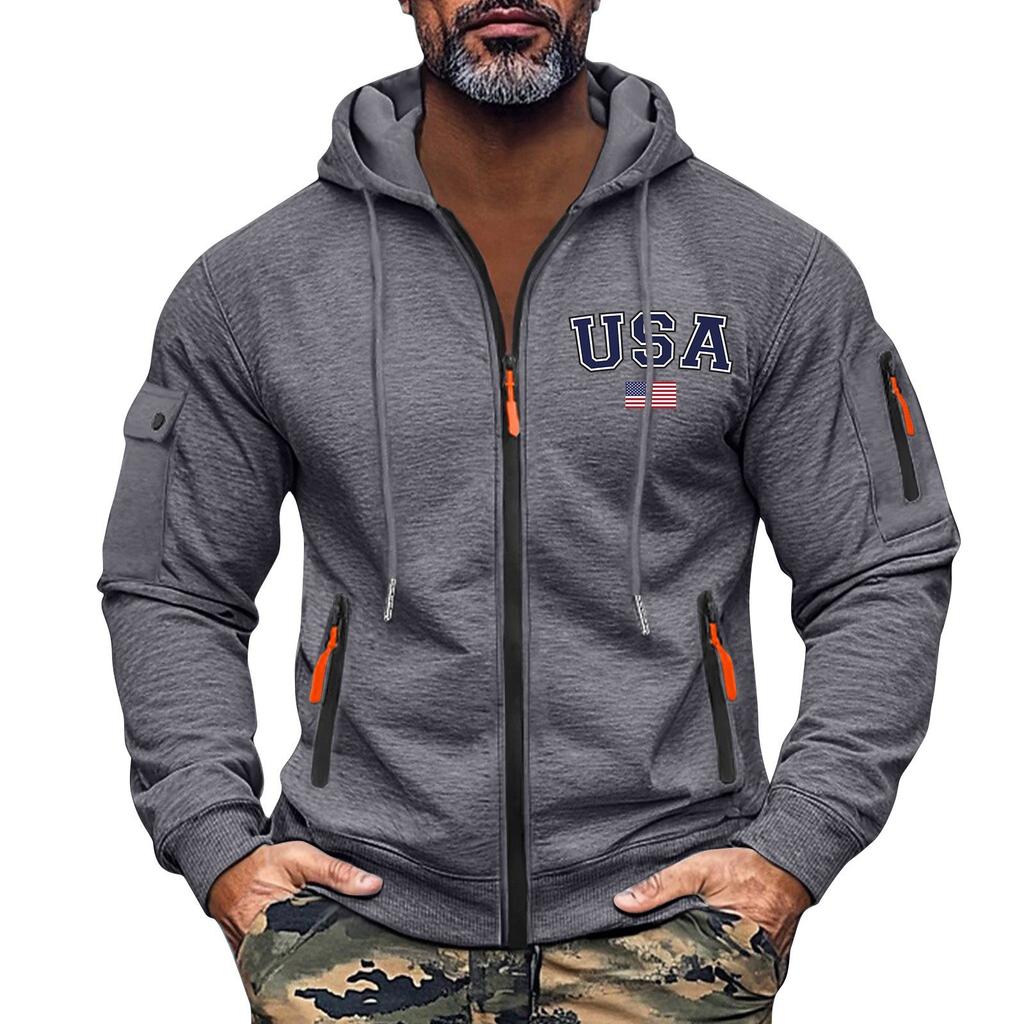 Men's Sweatshirt Hoodie Zipper Arm Pocket Cardigan Men's Sports Large Size Casual Hoodie