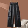Womens Low Waist Cargo Pants Streetwear Loose Straight Leg Leather Solid Color