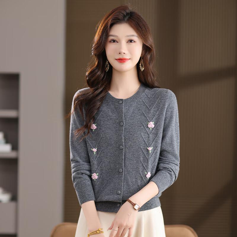 Women's 100% Wool Round Neck Embroidered Cardigan