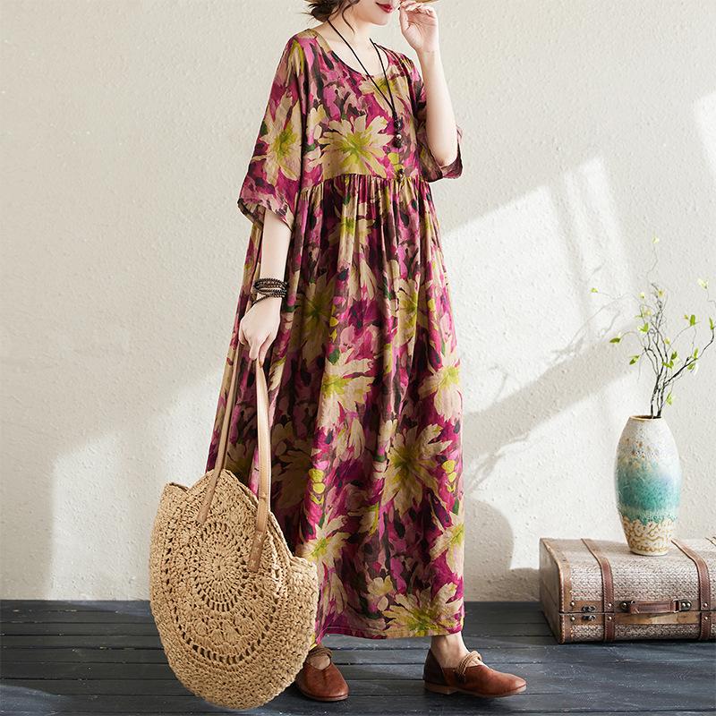 QICED Свободное Большого размера Ретро Хлопок и Лен Принт Тонкое Платье Лето Полная — фото 4