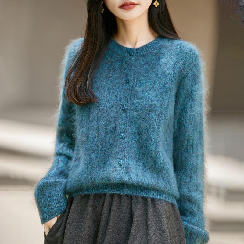 Pink Taro Cable Knit Wool-Blend Cardigan: 2023 Autumn/Winter Women's Long Sleeve Round Neck Sweater