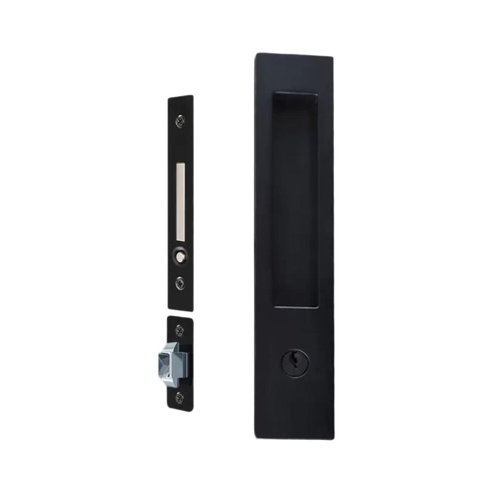 Sliding Pocket Door Lock Kit Matte Black Featuring Flush Mount Pull Plates Edge Pull Component and Hook Latch for DIY Projects