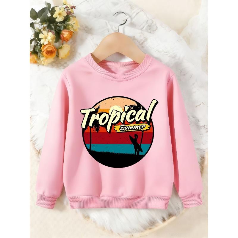 Unisex Kids Crewneck Sweatshirt, Vintage Tropical Summer Surf Palm Tree Sunset Pullover, Boys Girls Beach Casual Sweatshirt For Kids Over 4 Years Old