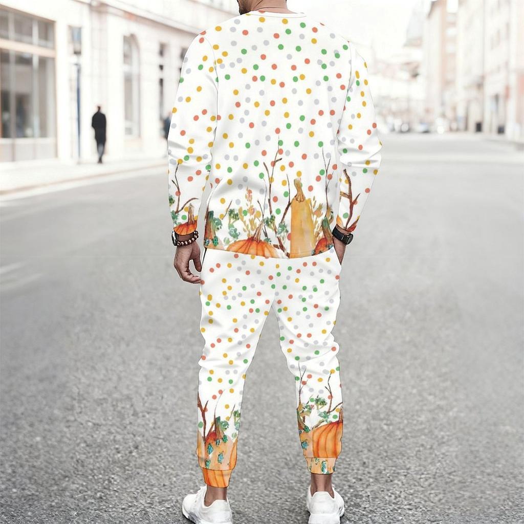 Men Orange Color Block Leopard Pumpkin Sunflower Print Long Sleeve Sweatshirt Jogger Pants Two Piece Suit