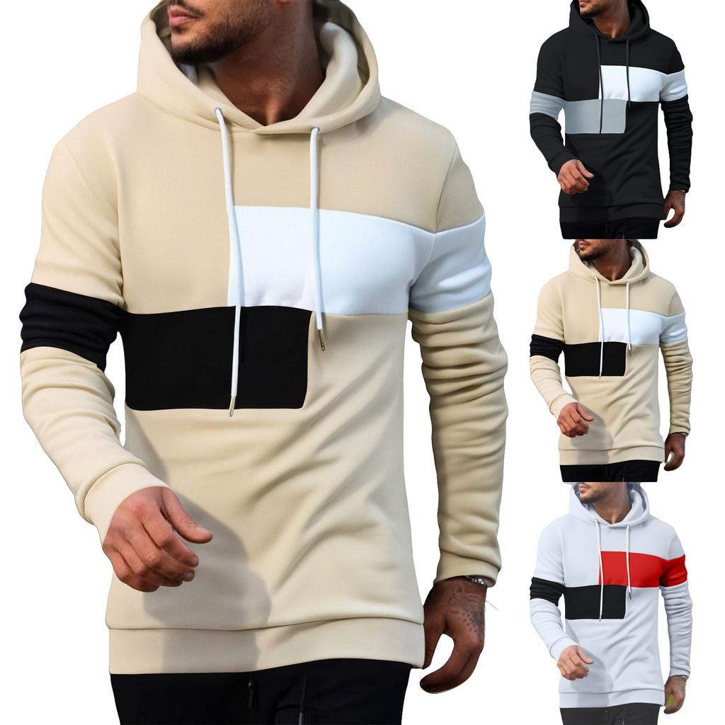Men's Fashion Colorblock Sweatshirt Men's Drawstring Ribbed Closure Hoodie