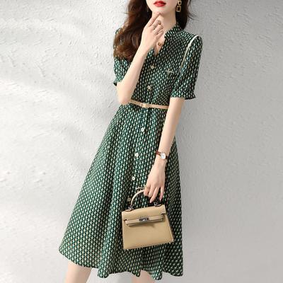 Summer Fashion Korean Elegant Simple Print Belt Short Sleeve Tunic Button Shirt Dresses for Women Casual Slim Midi Dress Vestido
