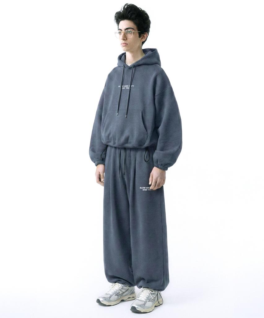 [Set] Small Slow And Soft String Oversized Hoodie + Single-Pleat Wide Pants - Blue-Gray
