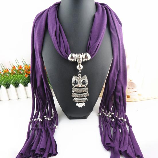 Langer Fransen-Schal für Damen, einfarbig, Retro-Eulen-Anhänger-Halskette, Schal, Kostüm-Accessoires