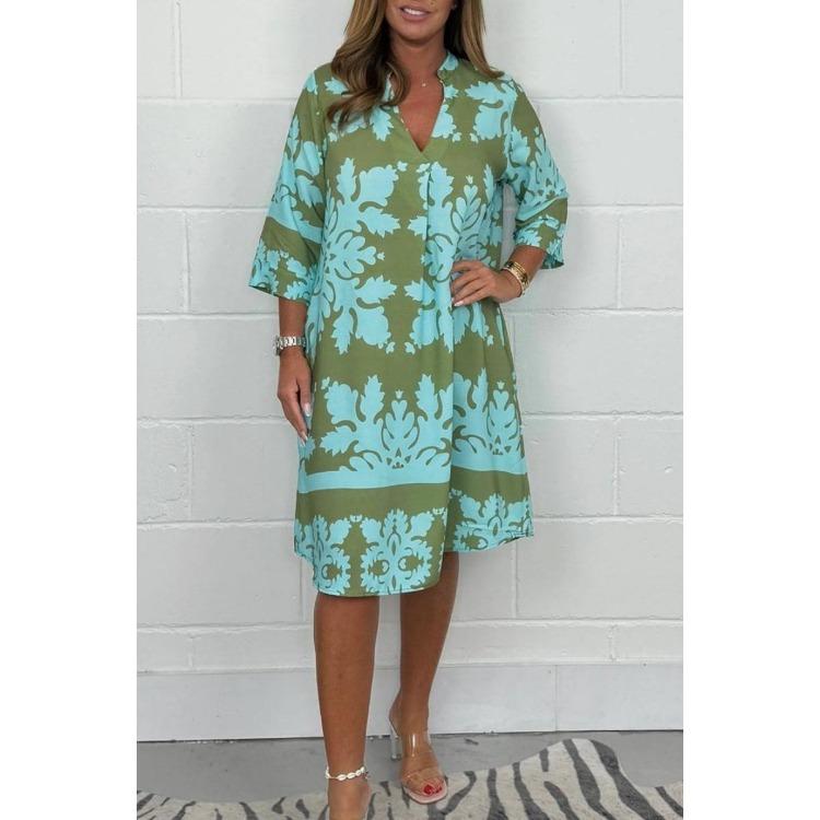 

Women Floral Print Dress V Neck 3 4 Sleeve Midi Fall New Casual European American Style S зелёный