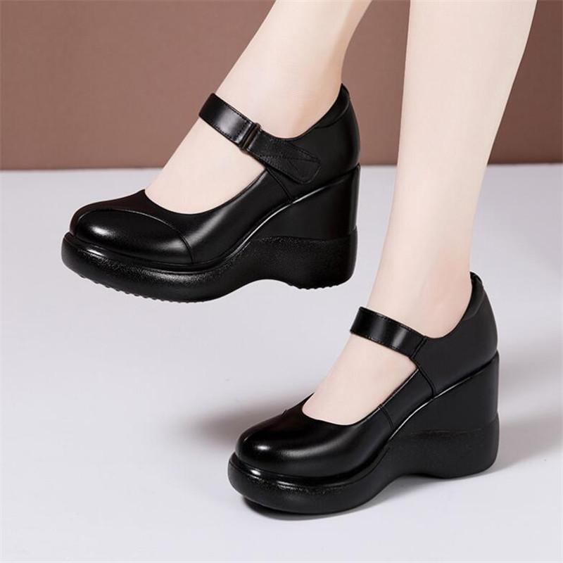 Scarpe Donna in Vera Pelle Scarpe con Plateau da Donna Scarpe Zeppa Punta Tonda da Donna Moda Comfort Morbida Pelle di Mucca Scarpe per Mamma 32-43