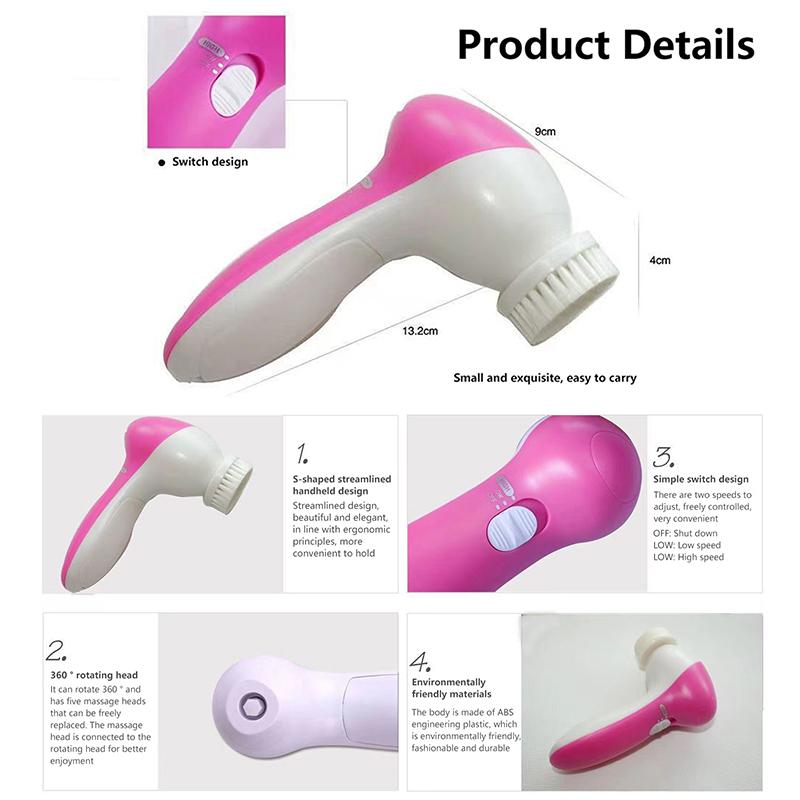 Spazzola Elettrica 5 In 1 per il Viso Massaggio Facciale Spa Strumento per la Pelle Aspiratore Pori Misuratore Pulizia Punti Neri Detergente Strumenti