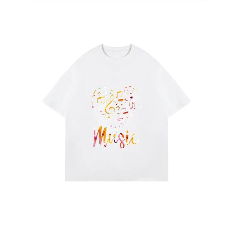 White Oversized T Shirt With Music Notes And Colorful Music Text For Casual Wear