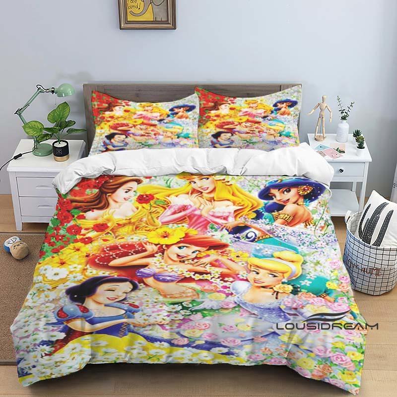 1pcDisney Princess 3D Printed Duvet Cover and Pillowcase Bedding Set, Suitable for Single, Double, King, and Queen Beds.