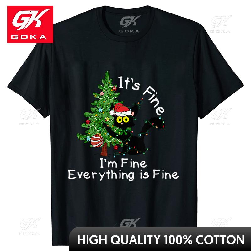 

Funny Cat Its Fine Im Fine Everything Is Fine Xmas Unisex TShirt Christmas Lights Print Tops Harajuku Aesthetic Male Clothing 4XL