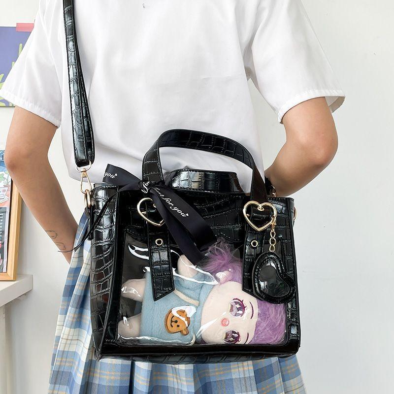 Sweet Cute Laced Bow Heart Charm Ita Bag Women Anime Crocodile Shoulder Bag Ladies Transparent Leather Large Capacity Handbag