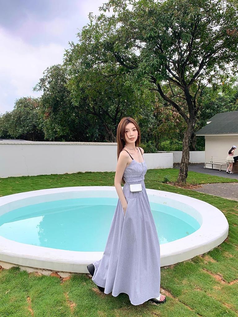 Women's Blue Suspender Dress - Summer 2025 French Seaside Holiday Waist-Cinching Long Dress