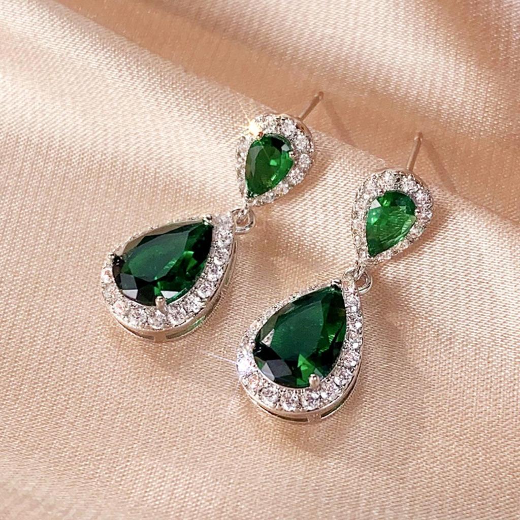 Two Tier Teardrop Halo Dangle Stud Earrings Multi Color Option Women Wedding Formal Drop Ear Jewelry