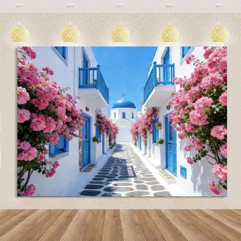 Nordische Griechische Landschaft Hausparty Dekorationen Inselstadt Santorin Blaue Kuppel Kirche Ägäis von Santorin Fotografie Hintergrund