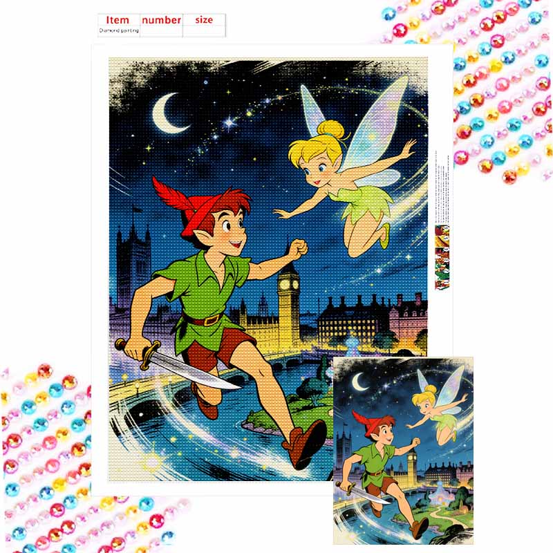 Disney Diamond Painting Kit Peter Pan Tinkerbell 5D DIY Diamond Art Home Bedroom Wall Decor Round 20x30cm