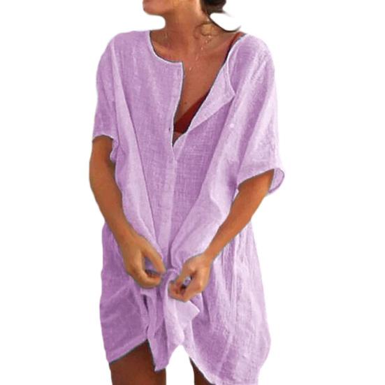 

Women Solid Color Short Sleeve O Neck Buttons Loose Plus Size Mid Long T-shirt XXXL світло-фіолетового кольору