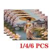 4/6pcs Rectangular Placemats - 12X18 Inch Japanese Style Cherry Blossom Placemats with 2D Element Patterns