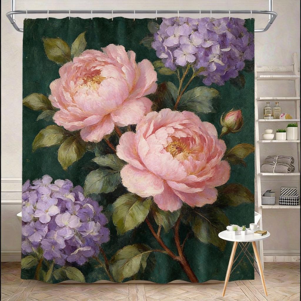 Vintage Floral Shower Curtain 180x180cm – Cream & Gold Peonies with Daisies on Black Background, Elegant Bathroom Decor 12 Hooks