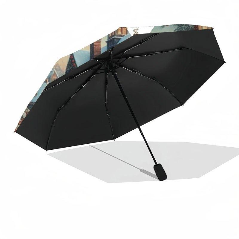Christmas Village Scene with Snowy Houses and Festive DecorationsUmbrella with Cute Design,Portable 3-Fold Compact Umbrella for Men&Women,Va