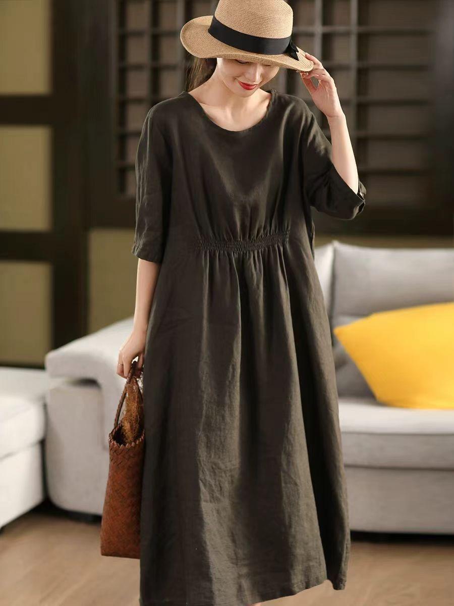 

Johnature Women Vintage Solid Color Dress O-Neck Half Sleeve Summer Loose Female Fold High Waist Dress One Size темно-коричневого