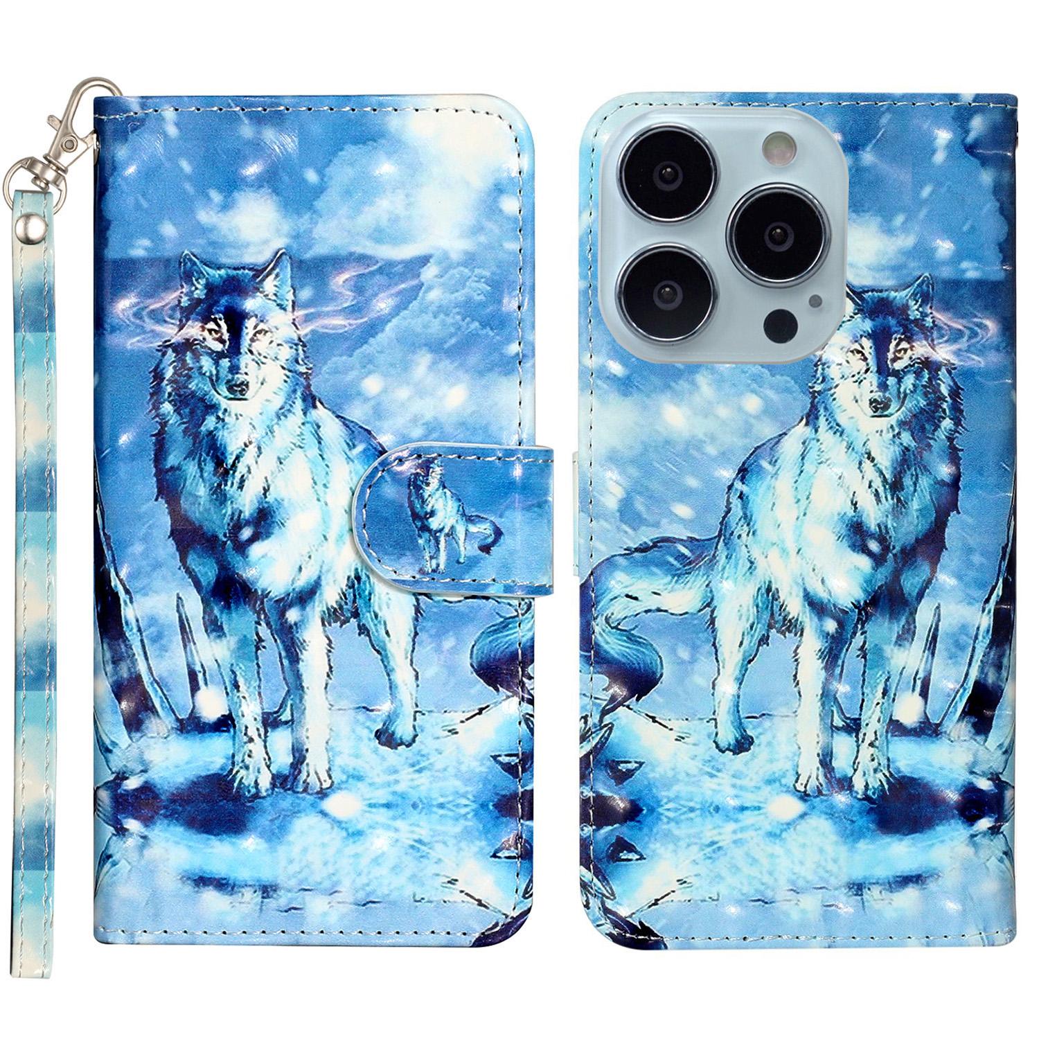 

For iPhone 16 Pro Case Leather 3D Pattern Printed Phone Cover Stand Card Holder Snow Wolf