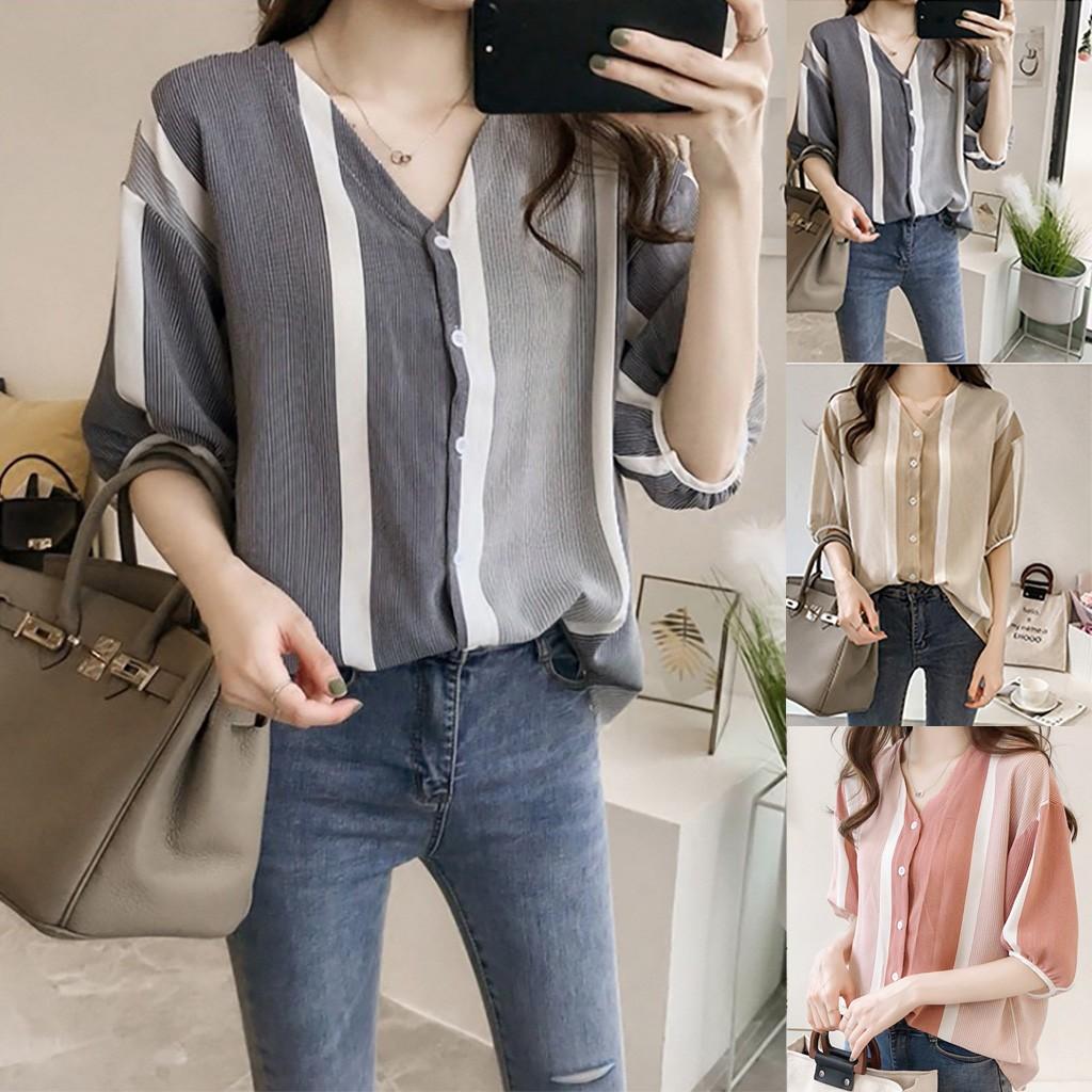 Fashion Womens Casual Half Sleeve Colorblock Striped Shirt Sleeve Top