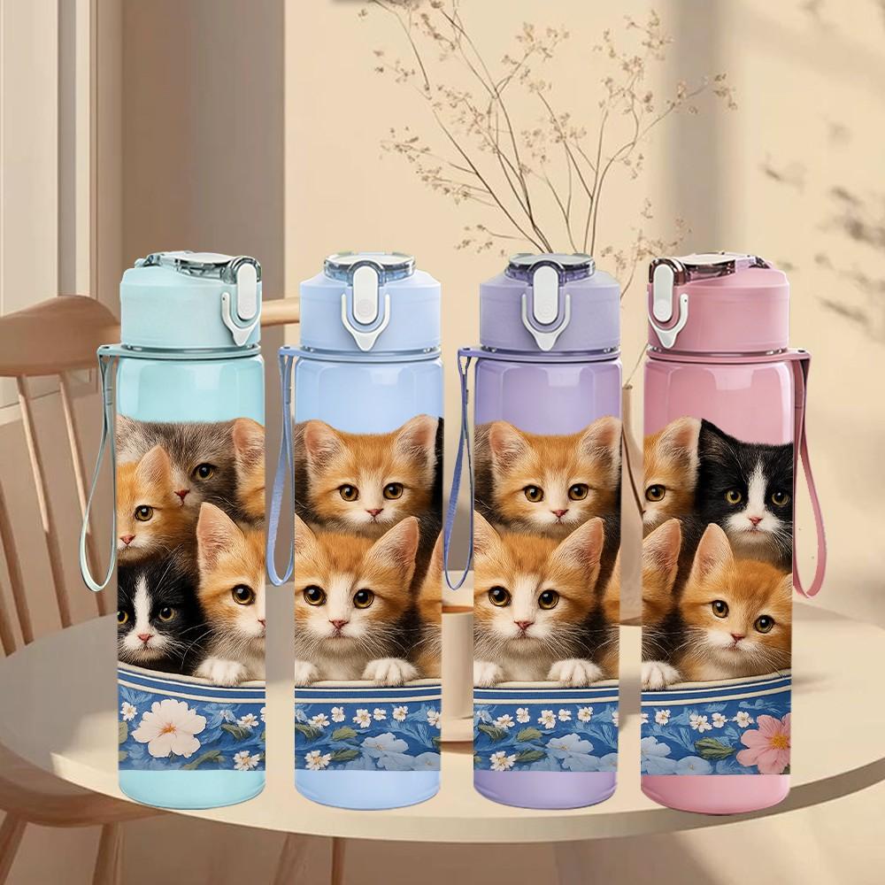 1PC Group Of Kittens Cute Print 750ml Color Plastic Sports Water Bottle Leakproof Flip Straw Lid Suitable for Sports Office Home Use