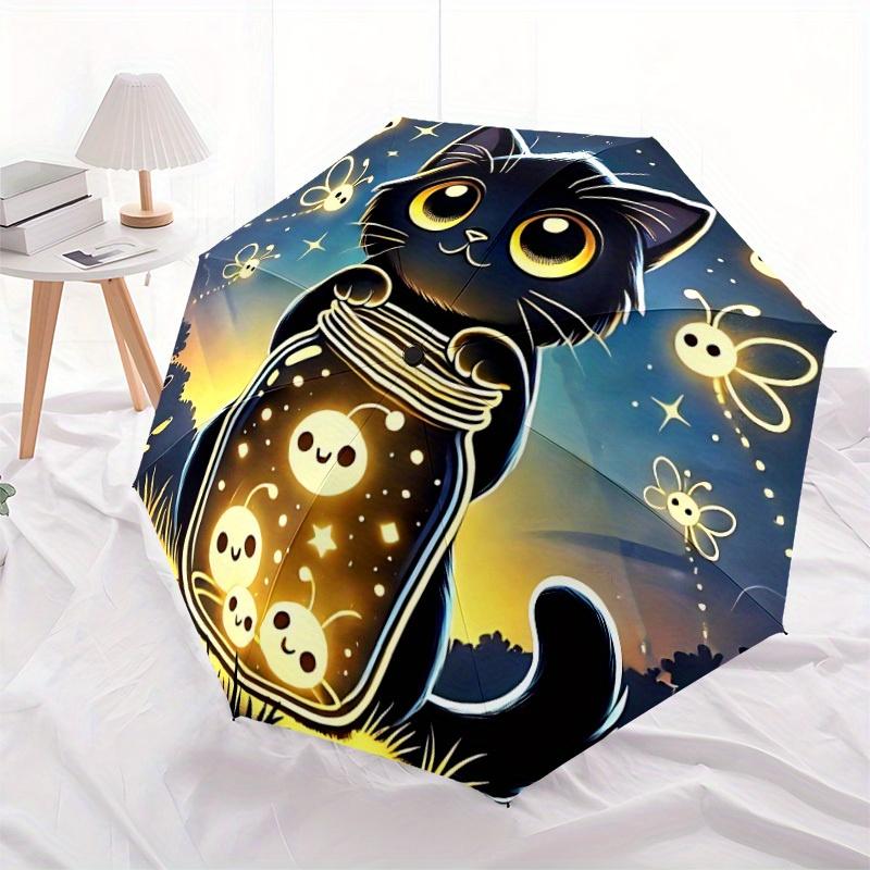 1pc Night Cat Compact Travel Leisure Umbrella, Auto Folding Lightweight Windproof 8-Bone Reinforced Design, Portable for Backpack Durable Ca