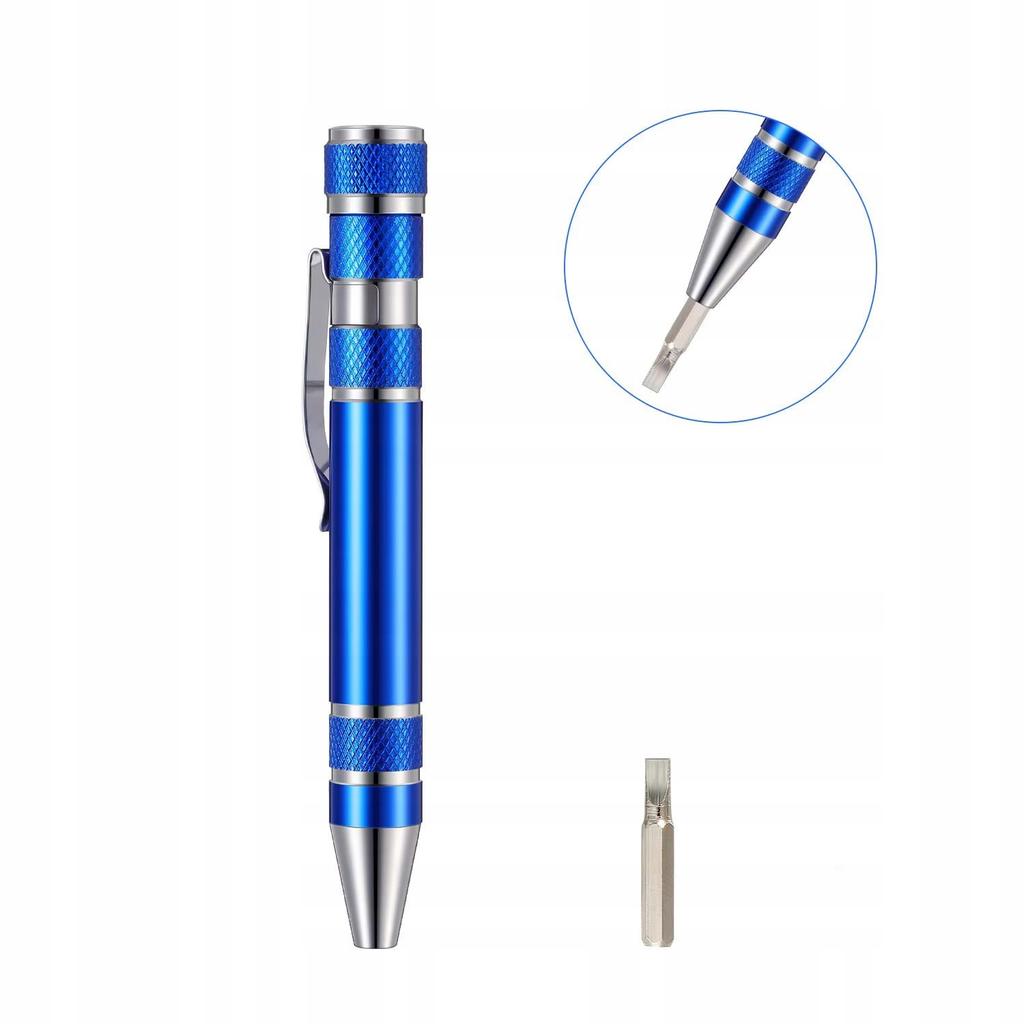 Pocket-Sized Precision Screwdriver With 8 Bits In The Shape Of An Aluminum Pen