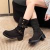 Fashion retro western pile boots women's autumn and winter new thick heel British style belt buckle short knight boots
