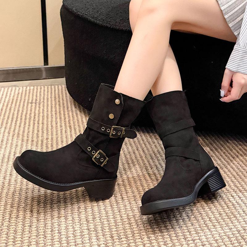 Fashion retro western pile boots women's autumn and winter new thick heel British style belt buckle short knight boots