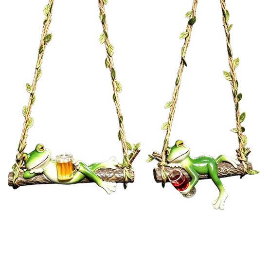 Weatherproof Patio Yard Decoration 2Pcs Swing Frog Garden Statue with Hemp Rope, Hanging Ornament Beer/Wine Outdoor for Tree Decor, Weather Resistant