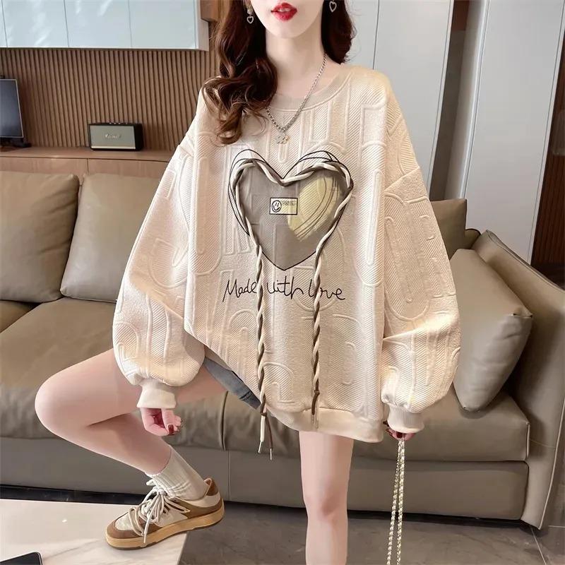 Spring and Autumn New Thin Sweatshirt Women's T-shirt Women's Loose Covering Flesh Large Size Fashionable High-end Women's Outerwear Top Long Sleeve