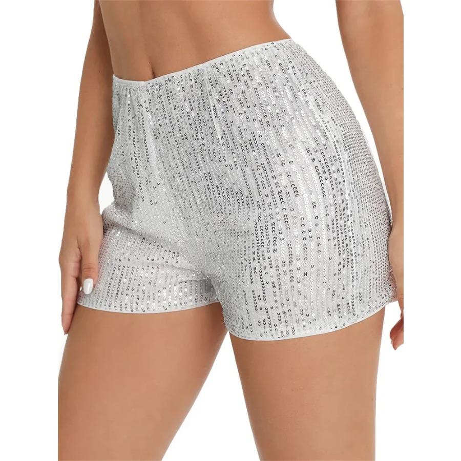 Women Sequin Shorts Elastic High Waist Sparkly Glitter Straight Short Pants Sexy Club Hot Pants Summer Streetwear