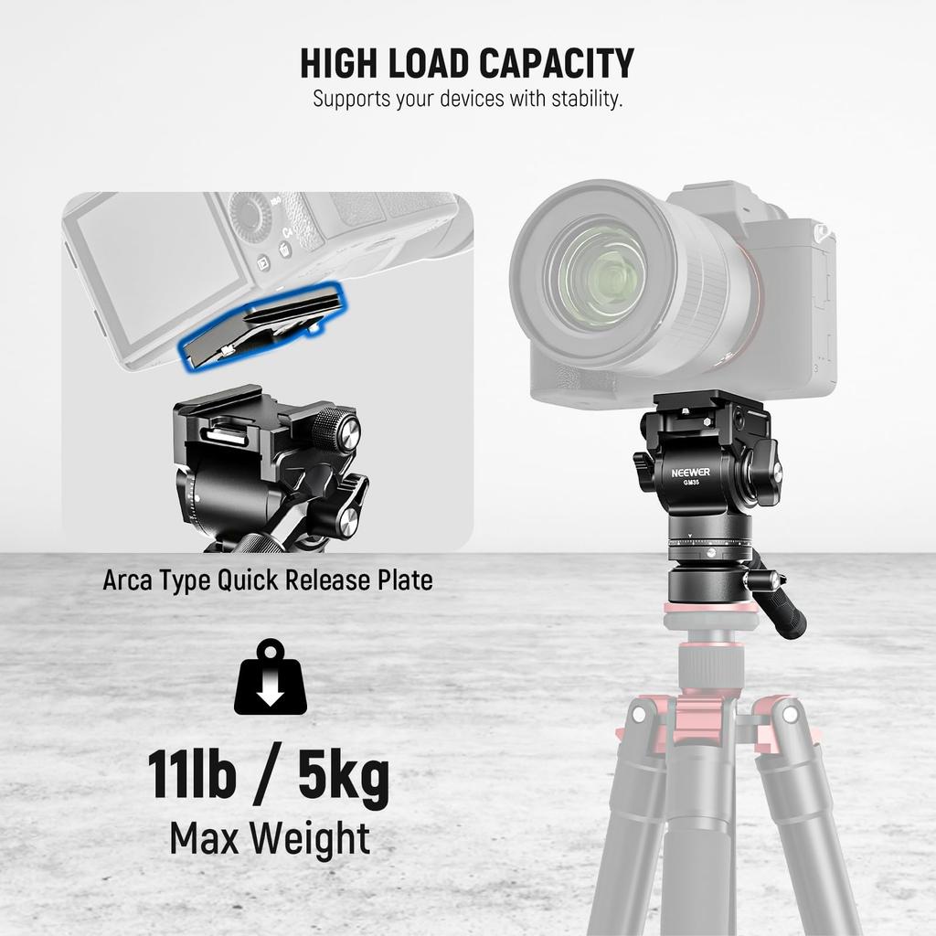 Neewer GM35 Tripod Fluid Head with Leveling Base Compact Metal with QR Plate and Telescopic for and Head Mounted Cameras and Maximum Load 5kg +/-7°
