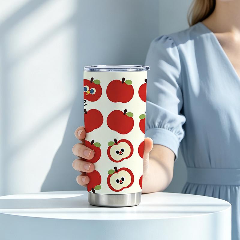 591ml Car Tumbler(1 Random Straw Included)Cartoon Smile Red Apple MotifSteel Straw Cup Straight Travel Mug Creative Gift Cup 591ml Car Tumbler