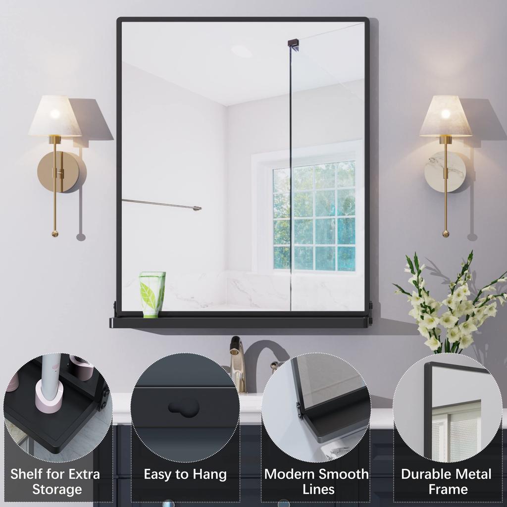 ANYHI Wall Hanging Mirror 51x62 Cm Rectangular Mirror with Tray Washroom Mirror Wall Hanging Bathroom Mirror Wall Hanging Stylish