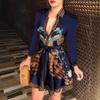 Wish Hot Sale Long Sleeve Collar Strap Fashion Sexy Printed Dress Women