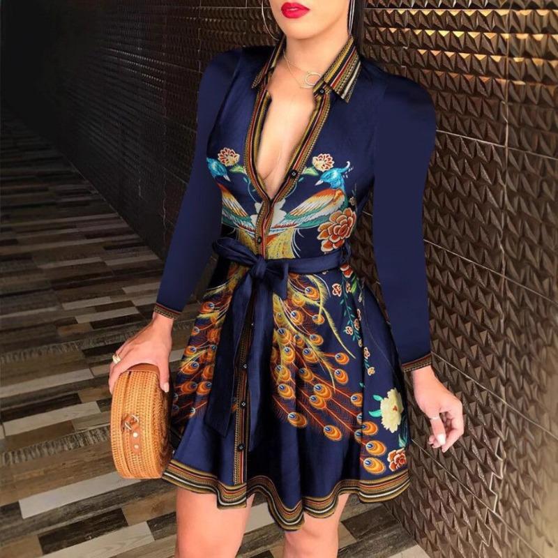 Wish Hot Sale Long Sleeve Collar Strap Fashion Sexy Printed Dress Women