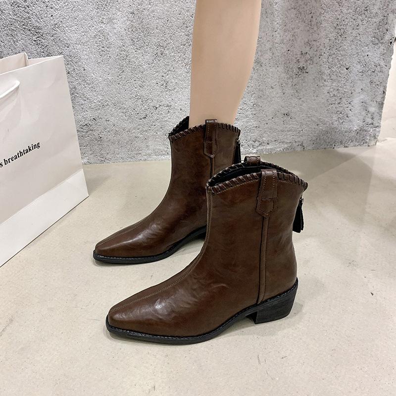 

2025 осень новые ретро остроносые тонкие ботильоны V-образный вырез толстый каблук модные ботинки универсальные высокие и стройнящие ботинки мартин женские 40 коричневый