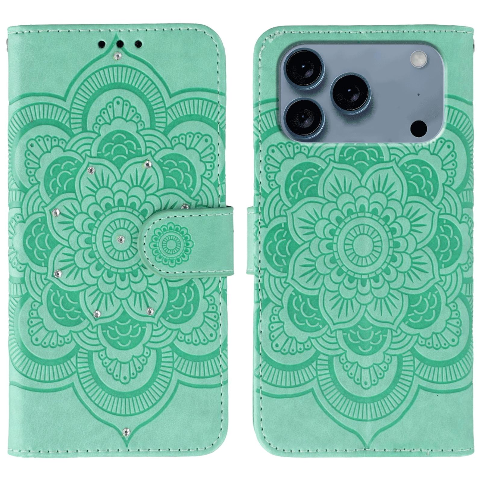 

For iPhone 17 Pro Max Case Rhinestone Decor PU Leather Mandala Imprinted Design Phone Cover with Wrist Strap Green