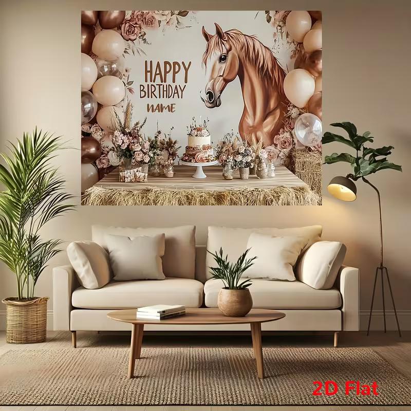Sfondo 2D Floreale Boho Cavallo Compleanno Banner Festa Palloncini Beige