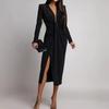 European & American Women's Sexy V-Neck Long Sleeve High Waist Slit Dress